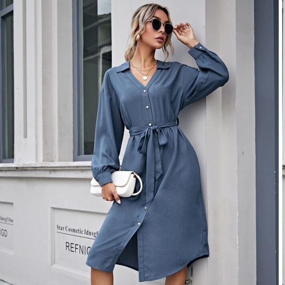 Bishop Sleeve Self Belted Dress - Picture 3 of 5